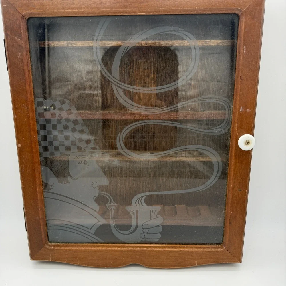 Vintage Sherlock Holmes Etched Glass Wood Tobacco Pipe Display Cabinet 12 Slot